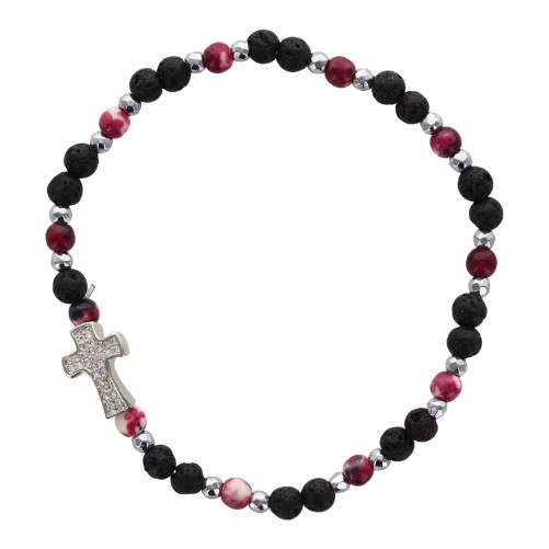 Bracelet sur elastique, grains ronds Ø 4 mm, pierre de lave naturelle & pierre synthetique, croix avec strass. Lot 5 assortis.